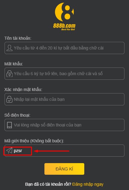 code 888b sẽ tự động điền vào khi bạn đăng ký qua link của 88b.beer